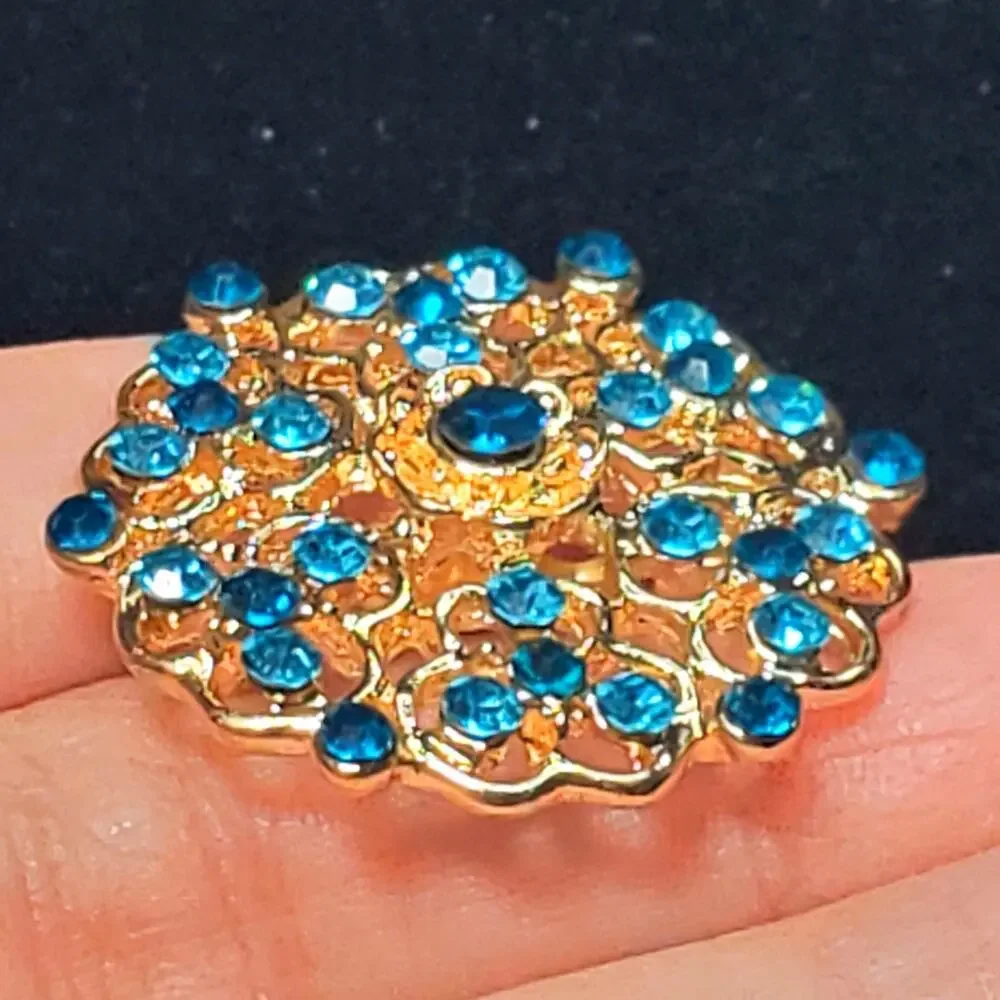 Blue Rhinestone Round Gold Tone 1.5